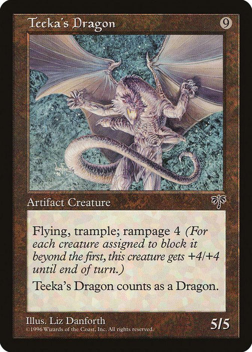 A Magic: The Gathering card depicts "Teeka's Dragon [Mirage]," a rare artifact creature with a 9 mana cost, 5/5 power, and toughness. The dragon, illustrated by Liz Danforth, has flying, trample, and rampage 4. The brown-bordered card showcases detailed art of a metallic dragon with outstretched wings and a fierce expression.