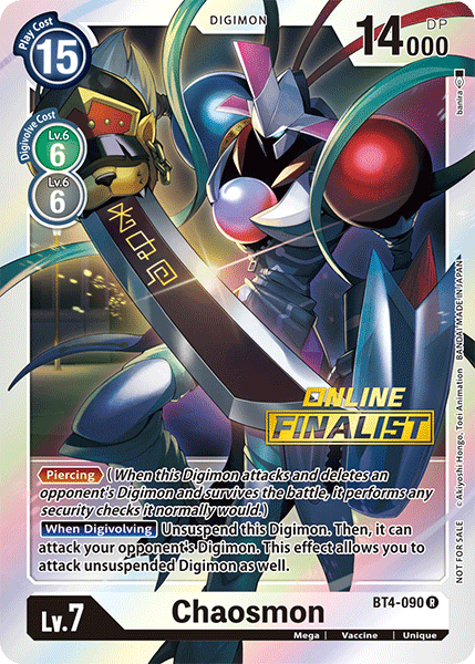 The image depicts a "Chaosmon [BT4-090]" trading card from the "Great Legend Promos" series by Digimon, featuring the rare Digimon "Chaosmon." The card showcases a black and gold armored creature wielding a sword. Key stats include a play cost of 15, 14,000 DP, level 7. The card has skills like "Piercing" and "When Digivolving," and it is labeled as an "ONLINE FINALIST.