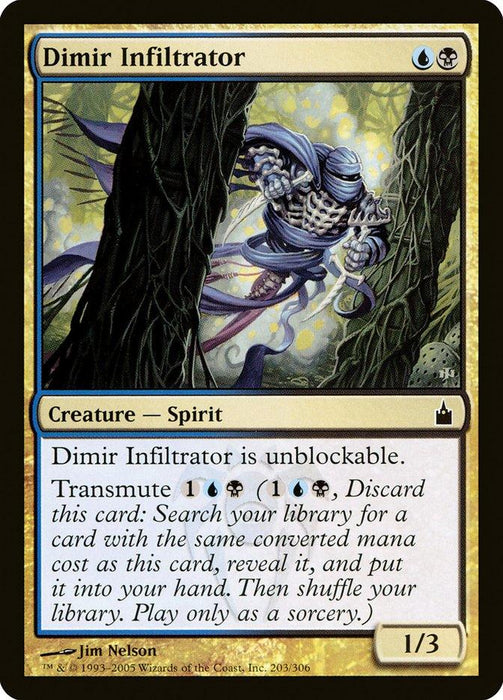 A Dimir Infiltrator [Ravnica: City of Guilds] from Magic: The Gathering. It has a border design for black and blue cards. The artwork depicts a wraith-like figure in a dark, twisted forest. This Spirit creature has 1 power and 3 toughness, is unblockable, and can Transmute.