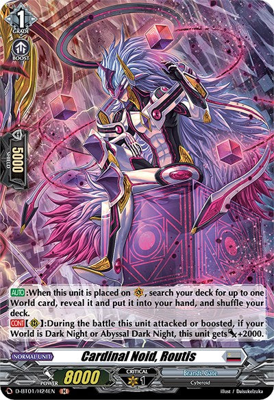 A detailed trading card from Bushiroad's "Genesis of the Five Greats" series features an elaborately armored and futuristic Cyberoid character named "Cardinal Noid, Routis" (D-BT01/H24EN). The character, adorned in purple, pink, and silver hues, is portrayed standing amid floating geometric shapes emblematic of Brandt Gate. Text at the bottom provides a description of the unit's abilities, power, and attributes.