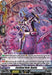 A detailed trading card from Bushiroad's "Genesis of the Five Greats" series features an elaborately armored and futuristic Cyberoid character named "Cardinal Noid, Routis" (D-BT01/H24EN). The character, adorned in purple, pink, and silver hues, is portrayed standing amid floating geometric shapes emblematic of Brandt Gate. Text at the bottom provides a description of the unit's abilities, power, and attributes.