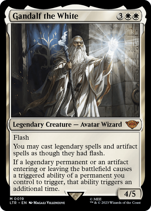 A Magic: The Gathering card titled "Gandalf the White [The Lord of the Rings: Tales of Middle-Earth]" features an illustration of an elderly wizard in white robes holding a glowing staff. With a white border, it details abilities like Flash and interactions with legendary spells and artifacts. This Avatar Wizard artwork is by Magali Villeneuve.