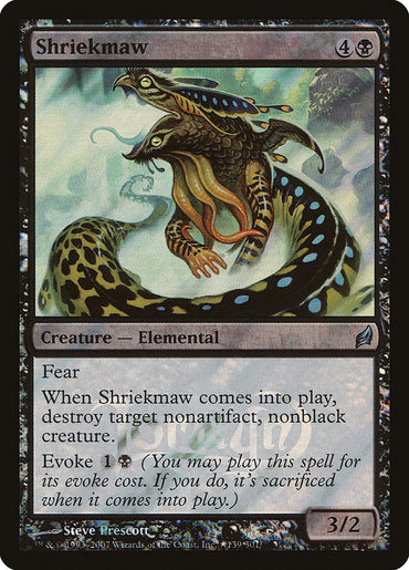 The Magic: The Gathering card "Shriekmaw" from the Lorwyn Promos, illustrated by Steve Prescott, depicts a multi-eyed, serpentine Elemental with tentacles. It possesses Fear and an evoke ability for 1 black mana, and its casting cost is 4 black mana. This creature has a power of 3 and toughness of 2.