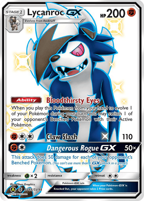 A Pokémon trading card for "Lycanroc GX (SV66/SV94) [Sun & Moon: Hidden Fates - Shiny Vault]," part of the Pokémon set. This Ultra Rare card features an illustrated Lycanroc with sharp red eyes, a blue and white fur coat, and a menacing expression. Key details: HP 200, Ability "Bloodthirsty Eyes," and two attacks: "Claw Slash" (110 damage) and

