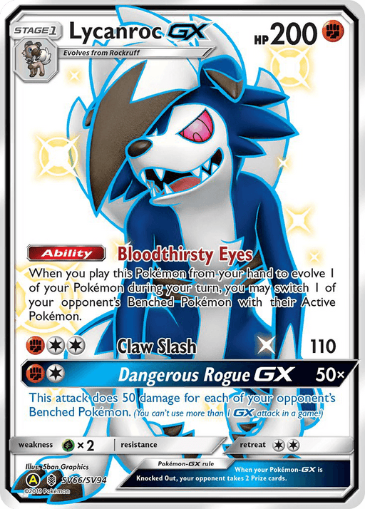 A Pokémon trading card for "Lycanroc GX (SV66/SV94) [Sun & Moon: Hidden Fates - Shiny Vault]," part of the Pokémon set. This Ultra Rare card features an illustrated Lycanroc with sharp red eyes, a blue and white fur coat, and a menacing expression. Key details: HP 200, Ability "Bloodthirsty Eyes," and two attacks: "Claw Slash" (110 damage) and


