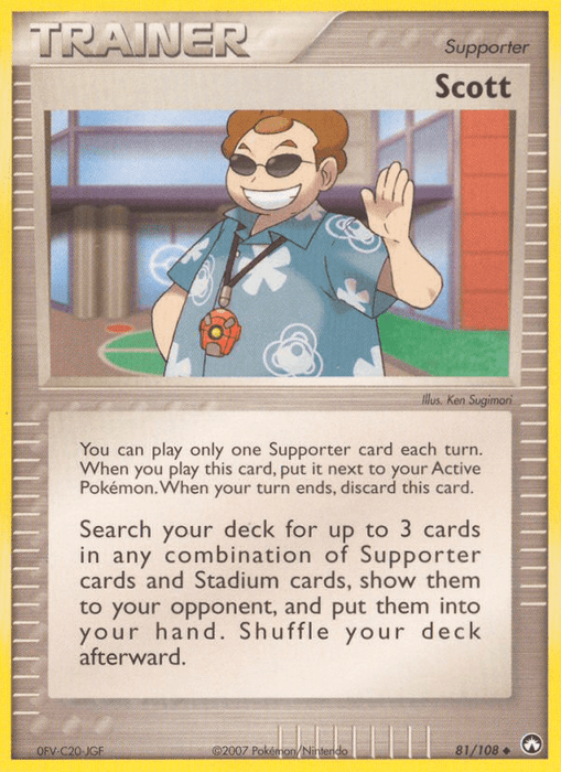 A Pokémon card from EX: Power Keepers featuring the Trainer "Scott (81/108) [EX: Power Keepers]." The character, wearing sunglasses and a blue shirt with white floral designs, waves with a smile. The text reads: "Search your deck for up to 3 cards in any combination of Supporter cards and Stadium cards, show them to your opponent, and put them into your hand. Shuffle your deck afterward.
