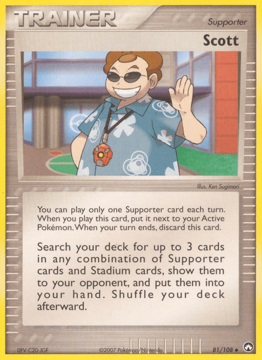 A Pokémon card from EX: Power Keepers featuring the Trainer "Scott (81/108) [EX: Power Keepers]." The character, wearing sunglasses and a blue shirt with white floral designs, waves with a smile. The text reads: "Search your deck for up to 3 cards in any combination of Supporter cards and Stadium cards, show them to your opponent, and put them into your hand. Shuffle your deck afterward.