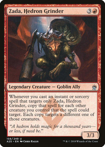 The image shows a Magic: The Gathering card named "Zada, Hedron Grinder [Masters 25]." It has a red border and features a goblin-like creature holding a stone staff. The card costs 3 and one red mana to cast and is a 3/3 Legendary Creature Goblin Ally. The description highlights its spell copying ability.