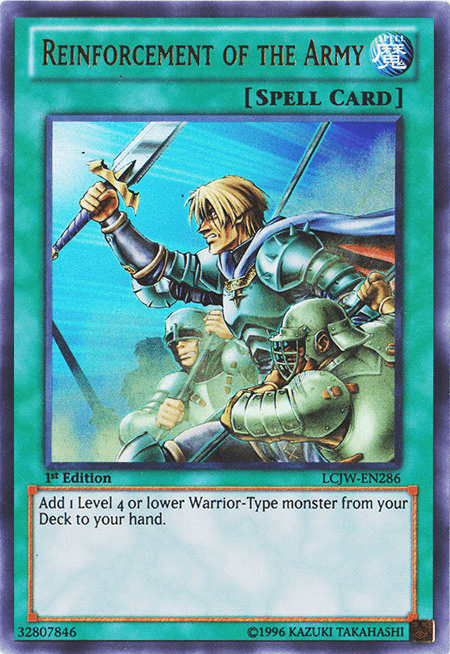 A Yu-Gi-Oh! trading card titled "Reinforcement of the Army [LCJW-EN286] Ultra Rare" from Joey's World shows a knight leading two soldiers. The knight, holding a sword and adorned in armor, has blond hair and a determined expression. This Ultra Rare Spell Card with ID LCJW-EN286 adds a Level 4 Warrior-Type monster to your hand.