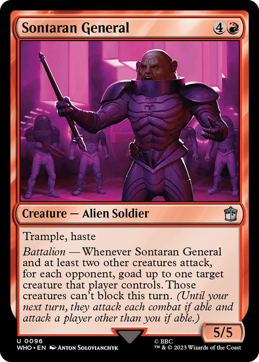 A Magic: The Gathering card titled "Sontaran General [Doctor Who]" costs 4 generic and 1 red mana. This 5/5 Alien Soldier creature boasts Trample and Haste abilities, along with Battalion. Inspired by Doctor Who, the art features an armored alien leader in a sci-fi setting.