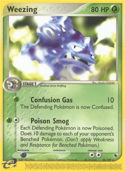 A rare Pokémon card featuring Weezing. This holographic card with a green border showcases Weezing, a purple, floating, dual-headed creature emitting gas. It has 80 HP and two moves: 