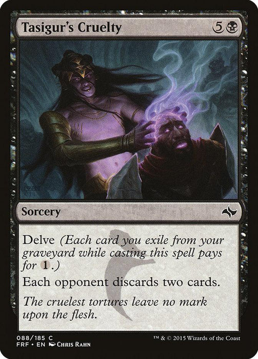 A Magic: The Gathering card named Tasigur's Cruelty [Fate Reforged] from the Fate Reforged set. The card, with a black and dark purple color scheme, features a sinister figure performing a cruel act on a distressed individual. This sorcery has the Delve ability and forces each opponent to discard two cards.