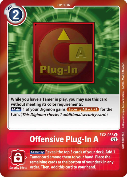 A card with a red and green background, perfect for any Digimon Tamer, stands out among the Offensive Plug-In A [EX2-066] (Event Pack 4) [Digital Hazard Promos] by Digimon.