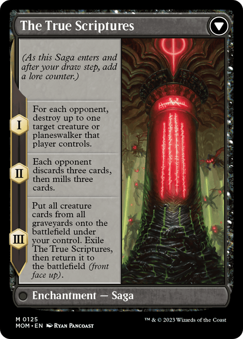 The image is of a Magic: The Gathering card named "Sheoldred // The True Scriptures [March of the Machine]," an Enchantment Saga card of mythic rarity with three chapters describing its effects as the saga progresses. The background features an ominous, red-lit corridor with ancient, cryptic runes, hinting at the presence of a Phyrexian Praetor.