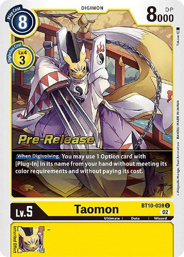 The Digimon card "Taomon [BT10-039] [Xros Encounter Pre-Release Cards]" showcases Taomon, a robed fox-like creature adorned with mystical symbols. This Pre-Release card features a blue Digivolve cost icon marked as (8) and a yellow icon for Level 4 displayed as (3). The text at the bottom includes its level (Lv. 5), DP (8000), type, and the ID code BT10-039 from the Xros Encounter series.