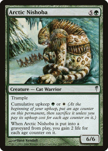 A Magic: The Gathering card titled "Arctic Nishoba [Coldsnap]" from the Coldsnap set depicts a large, armored Cat Warrior with sharp claws and a spiked tail weapon. The creature stands atop snow and ice with armored figures in the background. The card text details its abilities and rules, boasting a 6/6 power/toughness.