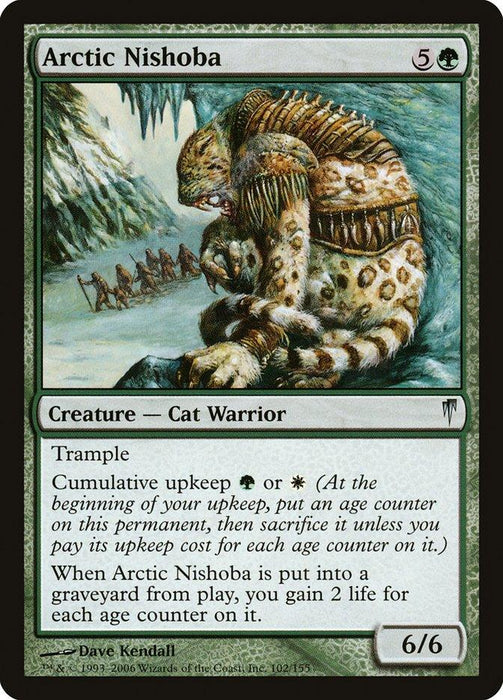 A Magic: The Gathering card titled "Arctic Nishoba [Coldsnap]" from the Coldsnap set depicts a large, armored Cat Warrior with sharp claws and a spiked tail weapon. The creature stands atop snow and ice with armored figures in the background. The card text details its abilities and rules, boasting a 6/6 power/toughness.