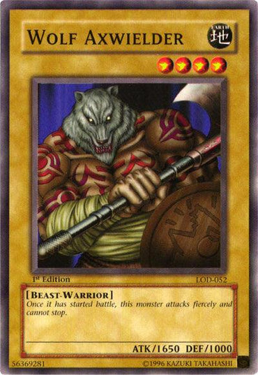 A Yu-Gi-Oh! trading card, "Wolf Axwielder [LOD-052] Common," from the Legacy of Darkness set features a Level 4 Beast-Warrior Normal Monster with 1650 ATK and 1000 DEF. The card illustration showcases a muscular humanoid wolf wielding a large axe, fiercely attacking once the battle has begun and unable to stop.