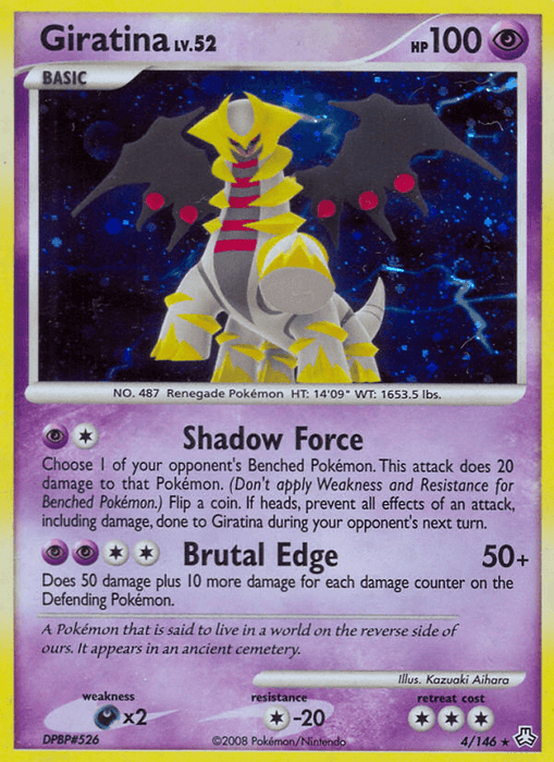 The image is a Holo Rare Pokémon trading card of Giratina (4/146) [Diamond & Pearl: Legends Awakened] from Pokémon. It has a purple border with Giratina depicted in the center, using Shadow Force and Brutal Edge. With 100 HP and at level 52, it is card number 4/146 from the 2008 collection illustrated by Kouki Akino.