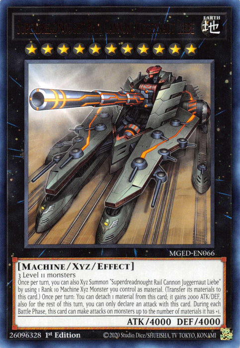 A Yu-Gi-Oh! trading card titled "Superdreadnought Rail Cannon Juggernaut Liebe [MGED-EN066] Rare." This formidable Xyz Monster showcases an enormous, heavily armored rail cannon with multiple turrets on a train-like platform, against a cosmic backdrop. It boasts an ATK of 4000 and DEF of 4000.