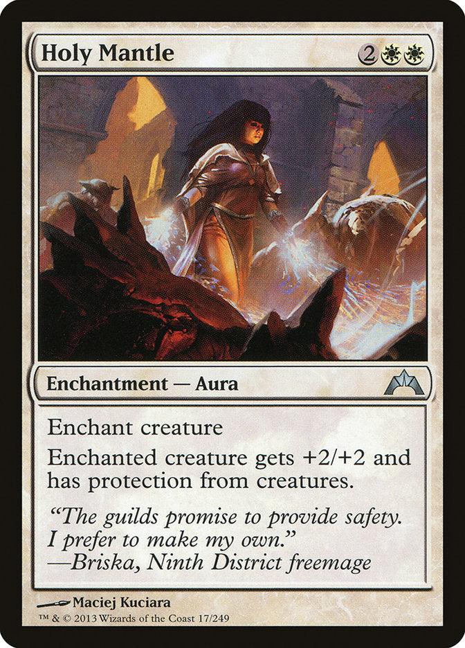 The Magic: The Gathering product "Holy Mantle [Gatecrash]" features an illustration of a figure in white and gold robes with a radiant glow, holding a staff and standing in a rocky landscape. The enchantment text enhances a creature's stats and provides protection from creatures.