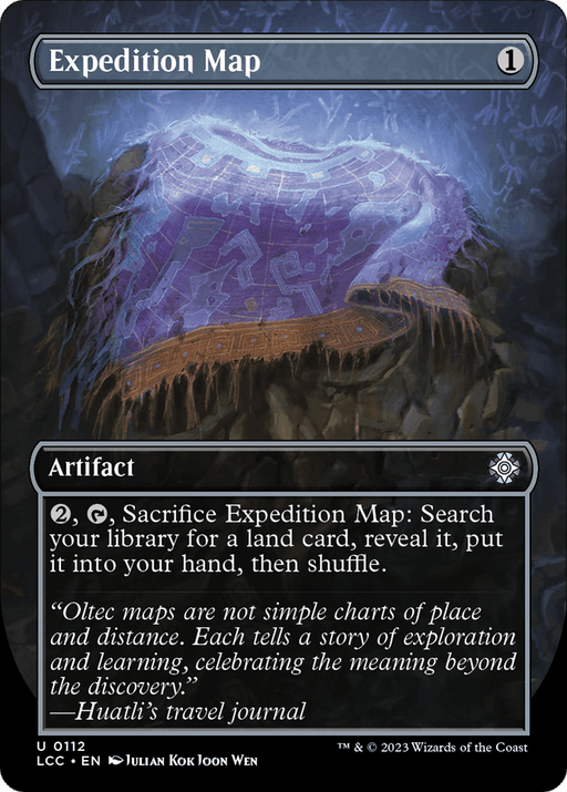 An "Expedition Map (Borderless) [The Lost Caverns of Ixalan Commander]" card from Magic: The Gathering, a key artifact in The Lost Caverns of Ixalan Commander series, features a glowing map on a stone slab entwined with vines. This uncommon card includes a bordered text box detailing its artifact ability and flavor text, set against an ancient, mystical backdrop.
