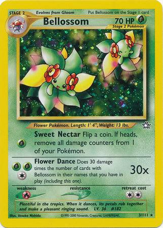 A Pokémon trading card featuring Bellossom (3/111) [Neo Genesis Unlimited] with a green and yellow border. Bellossom, a small Grass-type creature with red flowers on its head, boasts 70 HP. The Holo Rare card includes the moves "Sweet Nectar" and "Flower Dance" but is weak to Fire types.
