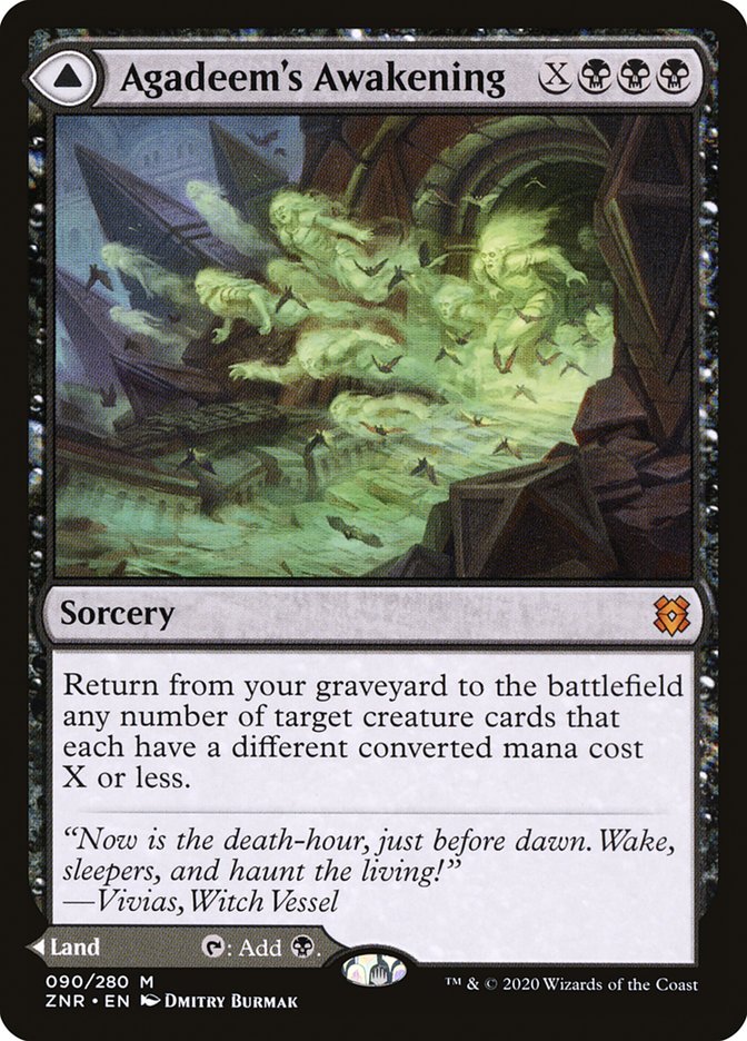 Agadeem's Awakening // Agadeem, the Undercrypt from Zendikar Rising by Magic: The Gathering, features ghostly figures rising from a glowing green aura in a shadowy tomb. This mythic card by Dmitry Burmak resurrects creatures with spectral finesse.