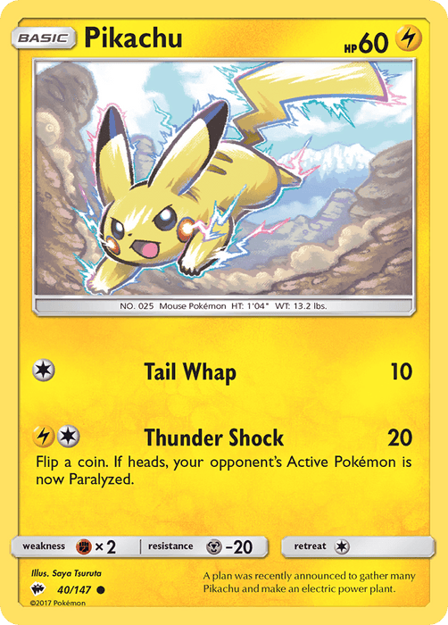 The image showcases a Pokémon trading card from the Sun & Moon: Burning Shadows set, featuring Pikachu (40/147) [Sun & Moon: Burning Shadows] with a determined expression and electric sparks surrounding it. The card details its basic attributes, including 'Tail Whap' and 'Thunder Shock' attacks. The brand is Pokémon.