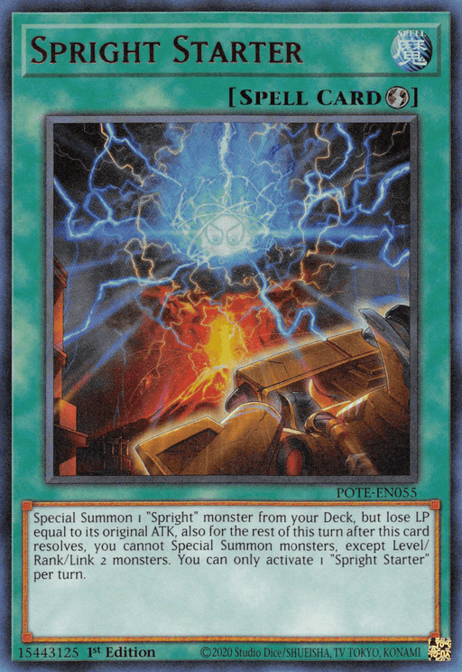 A "Yu-Gi-Oh!" Quick-Play Spell card titled Spright Starter [POTE-EN055] Ultra Rare. The card art depicts a dynamic scene with a lightning bolt striking a stone structure, causing an explosion. Blue and yellow electrical energy radiate outward. Card text details its effects in gameplay. The Ultra Rare frame is green with a holographic effect.