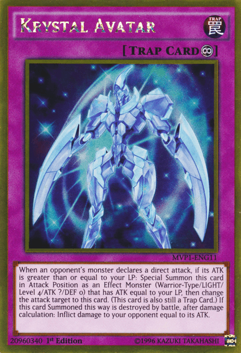 The Yu-Gi-Oh! product Krystal Avatar [MVP1-ENG11] Gold Rare showcases an armored, crystalline warrior embellished with glowing blue accents and wielding a sword. Part of The Dark Side of Dimensions set, this card boasts a shimmering aura and functions as a continuous Trap Card, complete with detailed effect text beneath its image.