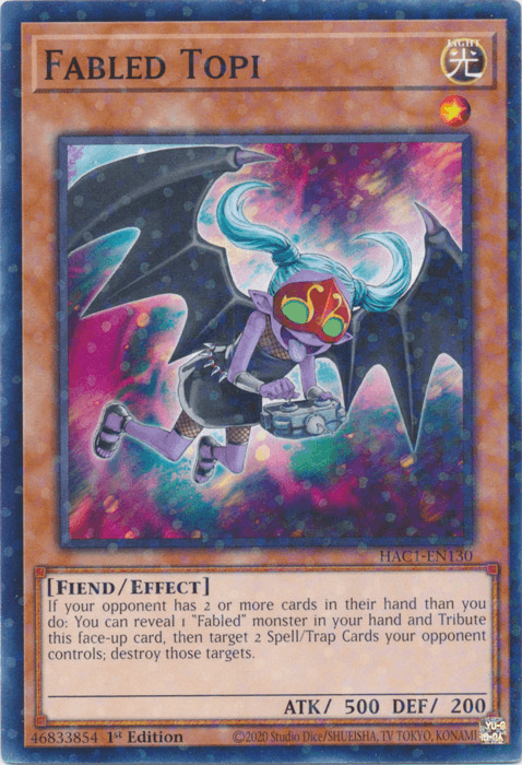 A Yu-Gi-Oh! trading card named "Fabled Topi (Duel Terminal) [HAC1-EN130] Common," a Fabled monster from the Hidden Arsenal series. It features a humanoid creature with blue hair, black and silver clothing, demonic wings, and a tail. The creature stands in a dynamic pose with an ominous background. This Effect Monster has 500 ATK and 200 DEF attributes of Fiend/Effect.