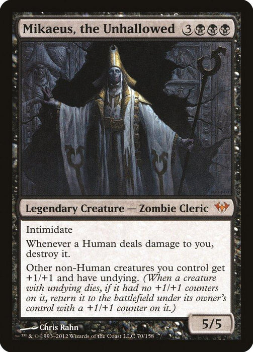 The image features the Magic: The Gathering product Mikaeus, the Unhallowed [Dark Ascension], a mythic black card with 3 black mana and 3 generic mana casting cost. It depicts a legendary zombie cleric (5/5) in dark robes with glowing eyes. The card text includes Intimidate and boosts other non-Humans with +1/+1 and undying abilities.