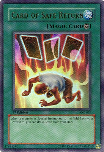 An image of a Yu-Gi-Oh! card titled "Card of Safe Return [LON-029] Ultra Rare." The card features a distressed figure kneeling with three cards floating above in a bright, fiery background. Text at the bottom reads, "When a monster is Special Summoned to the field from your Graveyard, you can draw 1 card from your Deck.