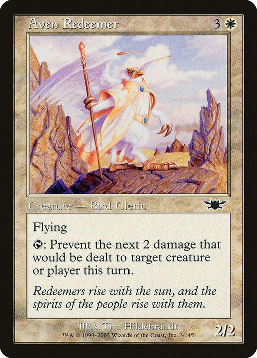 A Magic: The Gathering card titled "Aven Redeemer [Legions]." The artwork depicts a bird-like cleric in robes, holding a staff, with wings spread against a stunning sunrise backdrop. The Bird Cleric card features Flying and the ability to prevent damage. Text reads: "Redeemers rise with the sun...