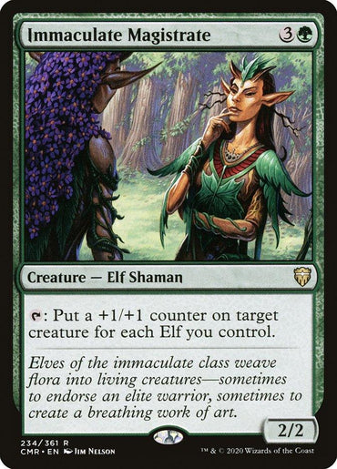 Magic: The Gathering product titled "Immaculate Magistrate [Commander Legends]." This Rare Creature — Elf Shaman wears green robes adorned with gold details, standing next to a tree with purple flowers. Text box: "Tap: Put a +1/+1 counter on target creature for each Elf you control." Card stats: 2/2.