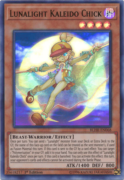 A Yu-Gi-Oh! Lunalight Kaleido Chick [BLHR-EN068] Ultra Rare trading card featuring "Lunalight Kaleido Chick." The card displays an anthropomorphic yellow chick with humanoid features, dressed in a colorful circus-like suit and holding a baton. The text details the monster's special abilities and requirements. It has 1400 ATK and 800 DEF.