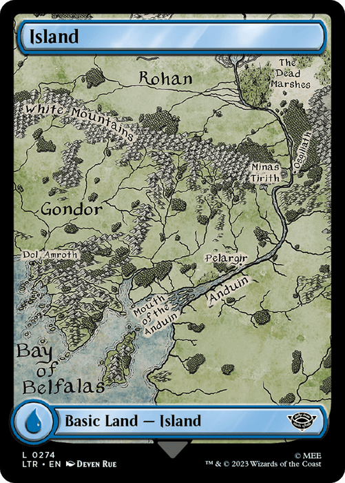 This is an image of a Magic: The Gathering card titled "Island (274) [The Lord of the Rings: Tales of Middle-Earth]." The card features a detailed map of Middle-earth, highlighting regions such as Rohan, Gondor, and the Dead Marshes from The Lord of the Rings. The lower part of the card displays the blue mana symbol, indicating it provides water-based energy.