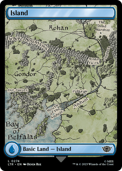 This is an image of a Magic: The Gathering card titled "Island (274) [The Lord of the Rings: Tales of Middle-Earth]." The card features a detailed map of Middle-earth, highlighting regions such as Rohan, Gondor, and the Dead Marshes from The Lord of the Rings. The lower part of the card displays the blue mana symbol, indicating it provides water-based energy.
