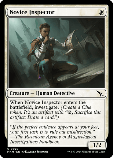 A "Magic: The Gathering" card titled "Novice Inspector [Murders at Karlov Manor]." This white creature card depicts a Human Detective kneeling in an alley, holding a magnifying glass. With a power/toughness of 1/2, it features abilities related to investigating and creating Clue tokens.