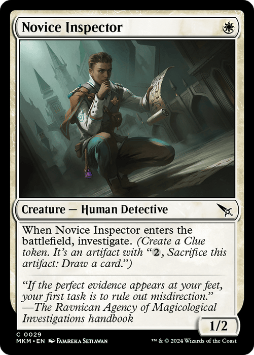 A "Magic: The Gathering" card titled "Novice Inspector [Murders at Karlov Manor]." This white creature card depicts a Human Detective kneeling in an alley, holding a magnifying glass. With a power/toughness of 1/2, it features abilities related to investigating and creating Clue tokens.
