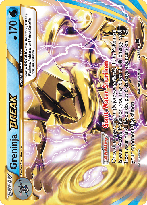 An image of a Pokémon trading card featuring Greninja BREAK (41/122) [XY: BREAKpoint] from the Pokémon series. The card is predominantly yellow with lightning bolt designs. Greninja BREAK is illustrated in a dynamic pose with an aura of energy. Text details include its HP (170), a Water Shuriken ability, and various card game statistics.