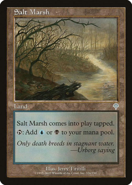 A Magic: The Gathering card titled "Salt Marsh [Invasion]," this land type card features an eerie marsh landscape under a dim, cloudy sky. The detailed artwork depicts muddy water, leafless trees, and a misty atmosphere. In the midst of this invasion of quiet desolation, it adds black or blue mana but enters the battlefield tapped.