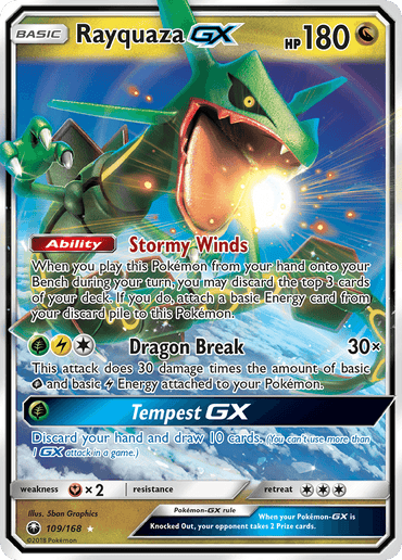 A Pokémon trading card featuring Rayquaza GX (109/168) [Sun & Moon: Celestial Storm] from Pokémon. Rayquaza, a dragon-like creature, appears at the top with piercing eyes and an open mouth. The card includes stats: 180 HP, Dragon type, and move descriptions like "Dragon Break" and "Tempest GX." The background is vibrant with holographic elements.