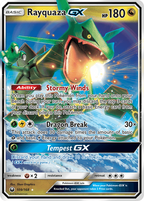 A Pokémon trading card featuring Rayquaza GX (109/168) [Sun & Moon: Celestial Storm] from Pokémon. Rayquaza, a dragon-like creature, appears at the top with piercing eyes and an open mouth. The card includes stats: 180 HP, Dragon type, and move descriptions like "Dragon Break" and "Tempest GX." The background is vibrant with holographic elements.