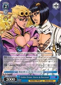 A promo card from Bushiroad's JoJo's Bizarre Adventure: Golden Wind trading card game depicts two characters, one with golden hair and goggles on the forehead, and the other with dark hair and a white outfit. Text overlays the image, and the bottom features numbers and symbols like "2000" and "2/1." The background includes Golden Wind designs. The product name for this card is Golden Dream, Giorno & Bucciarati (JJ/S66-PE04 PR) (Promo).