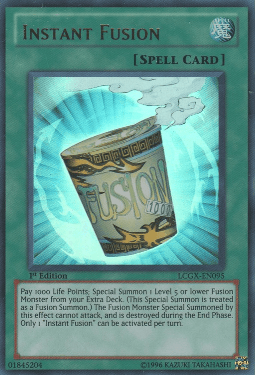 Yu-Gi-Oh! Instant Fusion [LCGX-EN095] Ultra Rare from Legendary Collection 2 features artwork of a cup labeled "Fusion," overflowing with a glowing liquid. The card text details its powerful effect, allowing players to summon a Level 5 or lower Fusion Monster from the Extra Deck at the cost of 1000 Life Points.