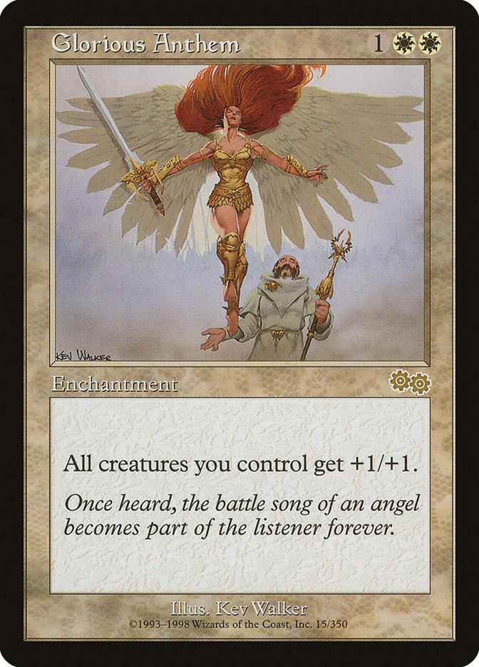 Glorious Anthem [Urza's Saga] Magic: The Gathering card from Urza's Saga. The illustration by Kev Walker shows a radiant angel with red hair and large wings hovering above the ground, holding a golden sword and shield. Below, a robed man with a staff gazes upward. Text reads, 