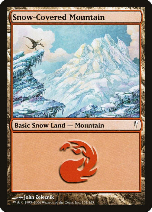 A Magic: The Gathering card named "Snow-Covered Mountain [Coldsnap]," from the Magic: The Gathering set, depicts a snowy mountain range with a small dragon flying in the sky. The card border is black, its type is "Basic Snow Land - Mountain," and the artist is John Zeleznik. A red mana symbol is at the bottom center.