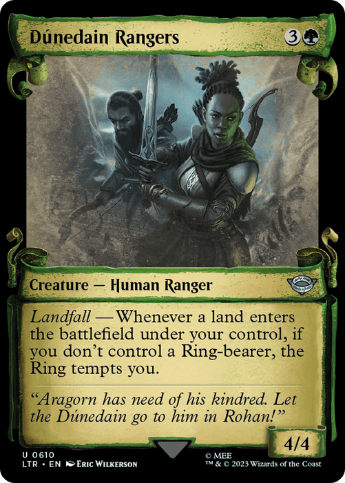 A Magic: The Gathering card titled "Dunedain Rangers [The Lord of the Rings: Tales of Middle-Earth Showcase Scrolls]." It shows two vigilant human rangers, one holding a bow and the other grasping a dagger. The card costs 3 and a green mana to cast. It's a 4/4 creature with a Landfall ability that involves a Ring-bearer and the Ring's temptation in Middle-Earth.